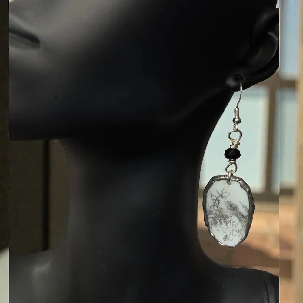 Florentine Sango Broken China Earrings - Vintage Floral Sterling Silver Dangles - Picture 6 of 14